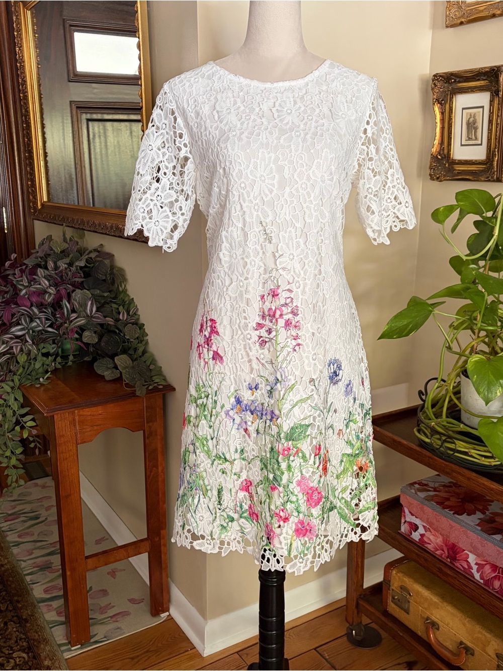 Nina Leonard SzLg White Lace Floral Women’s midi Dress